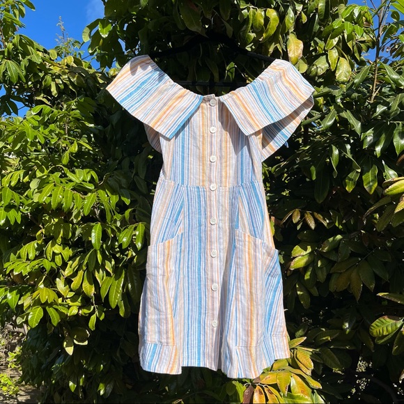 Reformation Dresses & Skirts - NWOT Reformation white striped linen off shoulder mini dress